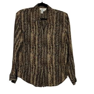Vintage Fy2 Petite 100% Silk Blouse Button Down Leopard Print Padded Shoulders